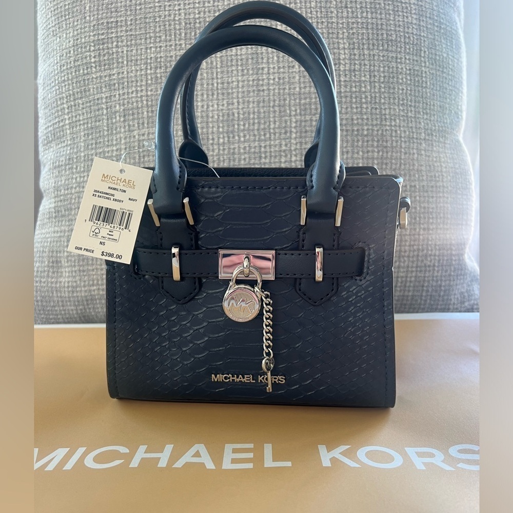 Michael Kors Hamilton Snake embossed Leather Satchel Crossbody bag Navy … - Picture 4 of 10